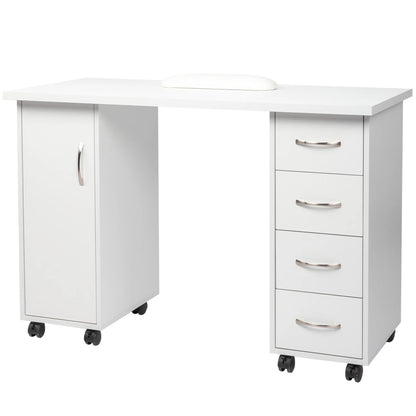 Sesslife White Computer Desk, Writing Desk with Lockable WheelsModern Wood Study Desk with 4 Drawers for Home Office Workstation