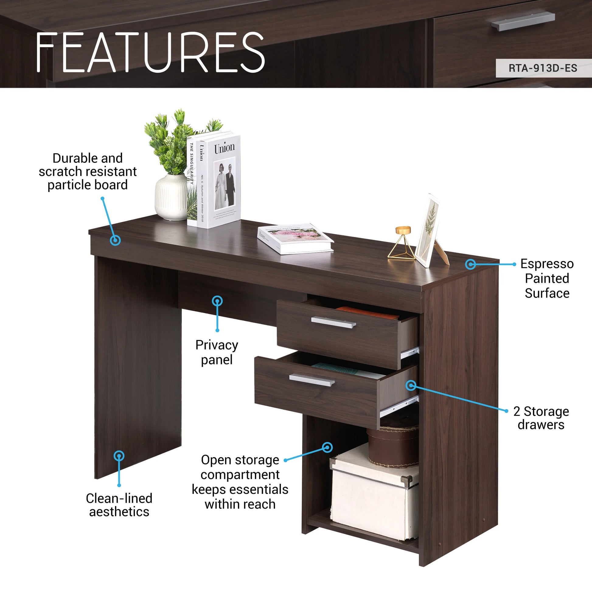Techni Mobili Home Office Computer Desk with Storage, Espresso