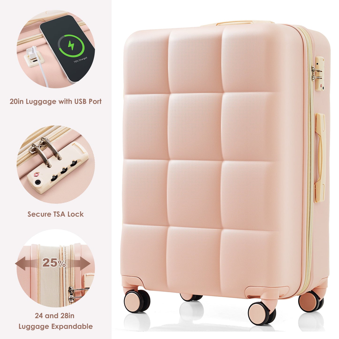 Luggage Set of 3, 20-inch with USB Port, Airline Certified Carry-on Luggage with Cup Holder, ABS Hard Shell Luggage with Spinner Wheels, white