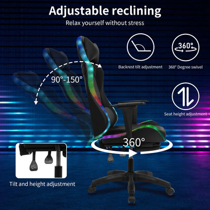 Nanly Gaming Chair with Retractable Footrest, Ergonomic Computer Racing Chair with Two Bluetooth-compatible Speakers and Multiple RGB LED Light Modes Swivel Rolling Computer Chair for Home Office