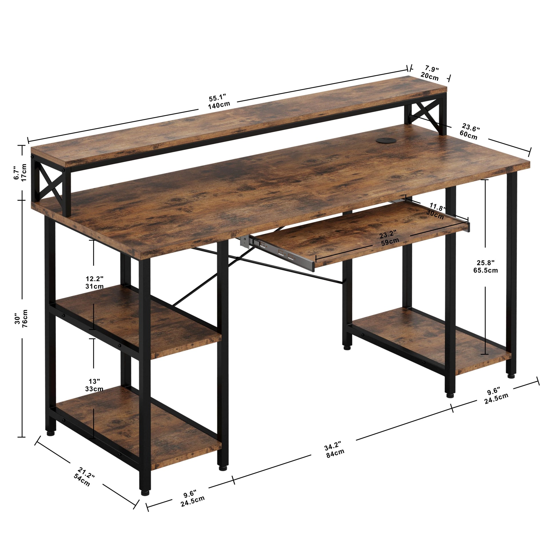 IRONCK Industrial Computer Desk 55", Home Office Desk with Printer Monitor Stand Large Workstation with Storage Shelves and CPU Stand, Studying Writing Table for Home Office, Vintage Brown