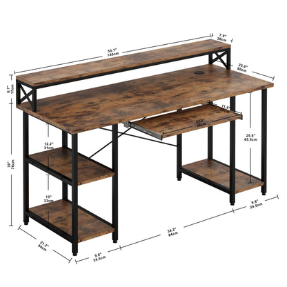 IRONCK Industrial Computer Desk 55", Home Office Desk with Printer Monitor Stand Large Workstation with Storage Shelves and CPU Stand, Studying Writing Table for Home Office, Vintage Brown