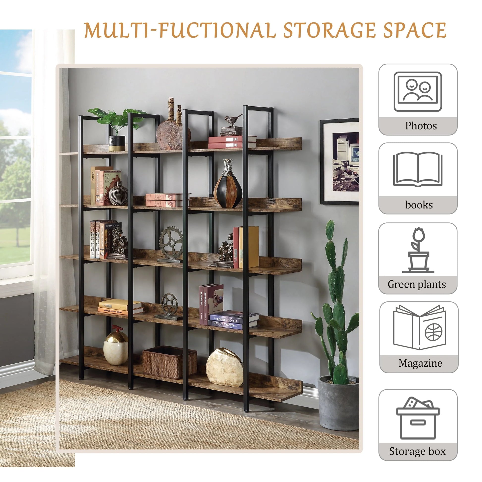 Bellemave 5 Tier Large Open Bookshelf, Home Office Display Shelves with Metal Frame, Vintage Industrial Bookcases with Back Fence, High-quality MDF Board (Brown)