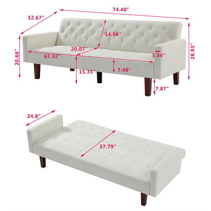 Aukfa 75" Square Arm Futon Convertible Sofa for Home Office, Button-Tufted Back, Beige