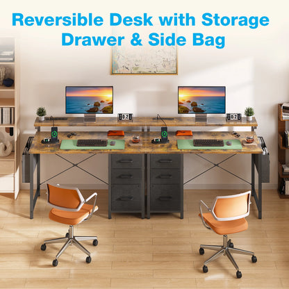 40 inch Computer Desk with Power Outlets & LED Lights, Home Office Desk with 3 Drawers & Adjustable Monitor Shelf,, Writing Desk with Storage Bag, Vintage