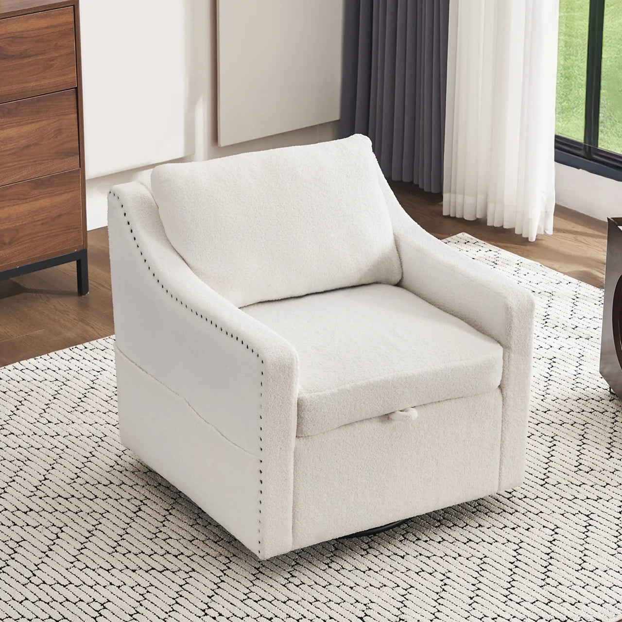 Swivel Barrel Chair, Swivel Accent Chair for Living Room with Storage Seat and Pillow, 360 Degree Swivel Barrel Club Chair, Round Armchairs Nursery, Hotel, Bedroom, Office, Lounge, Ivory White