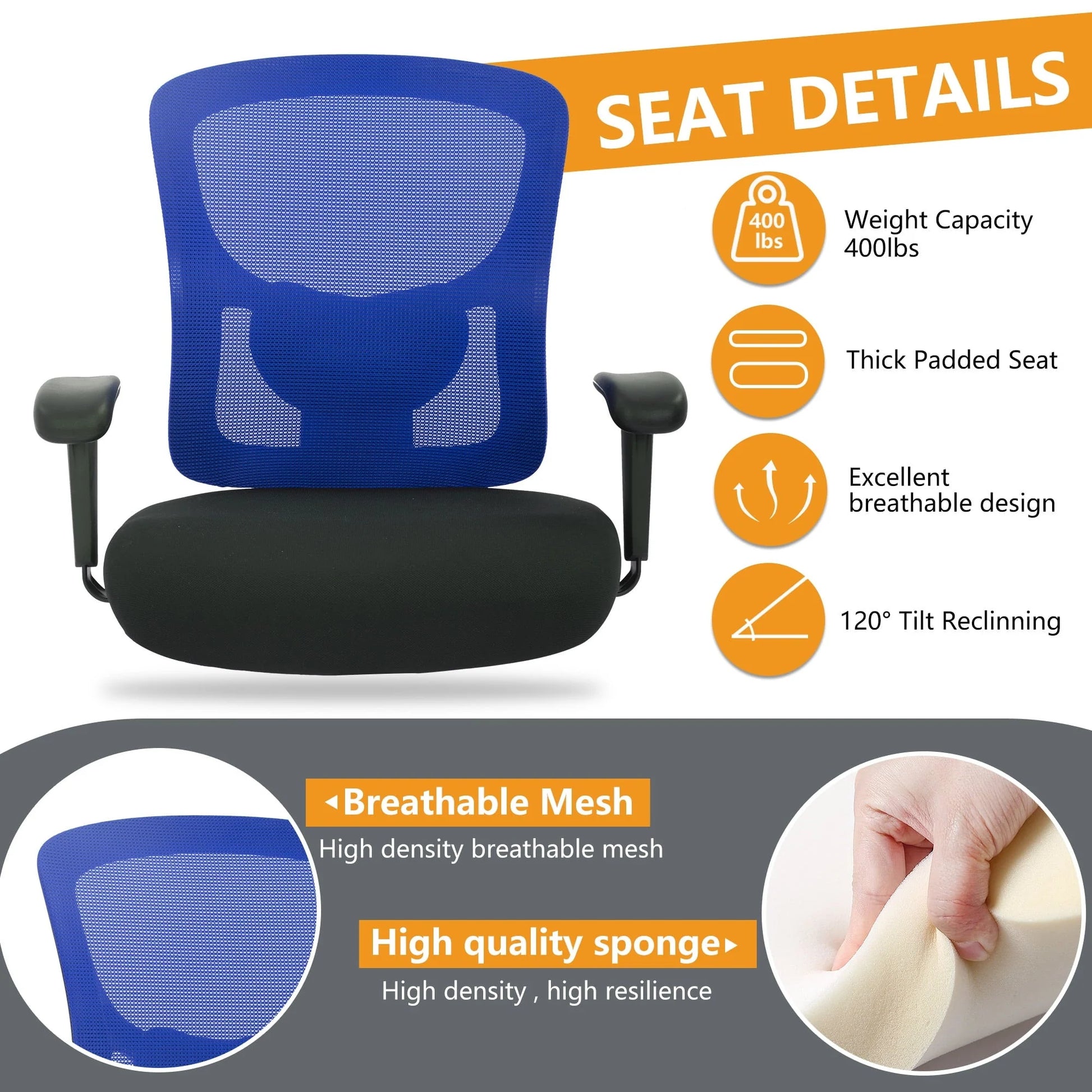 PayLessHere Ergonomic Desk Chair Office Chair Computer Chair 400lbs with Lumbar Support Wide Seat Adjust Arms Rolling Swivel High Back Task Executive Big and Tall Office Chair for Home Office,Blue