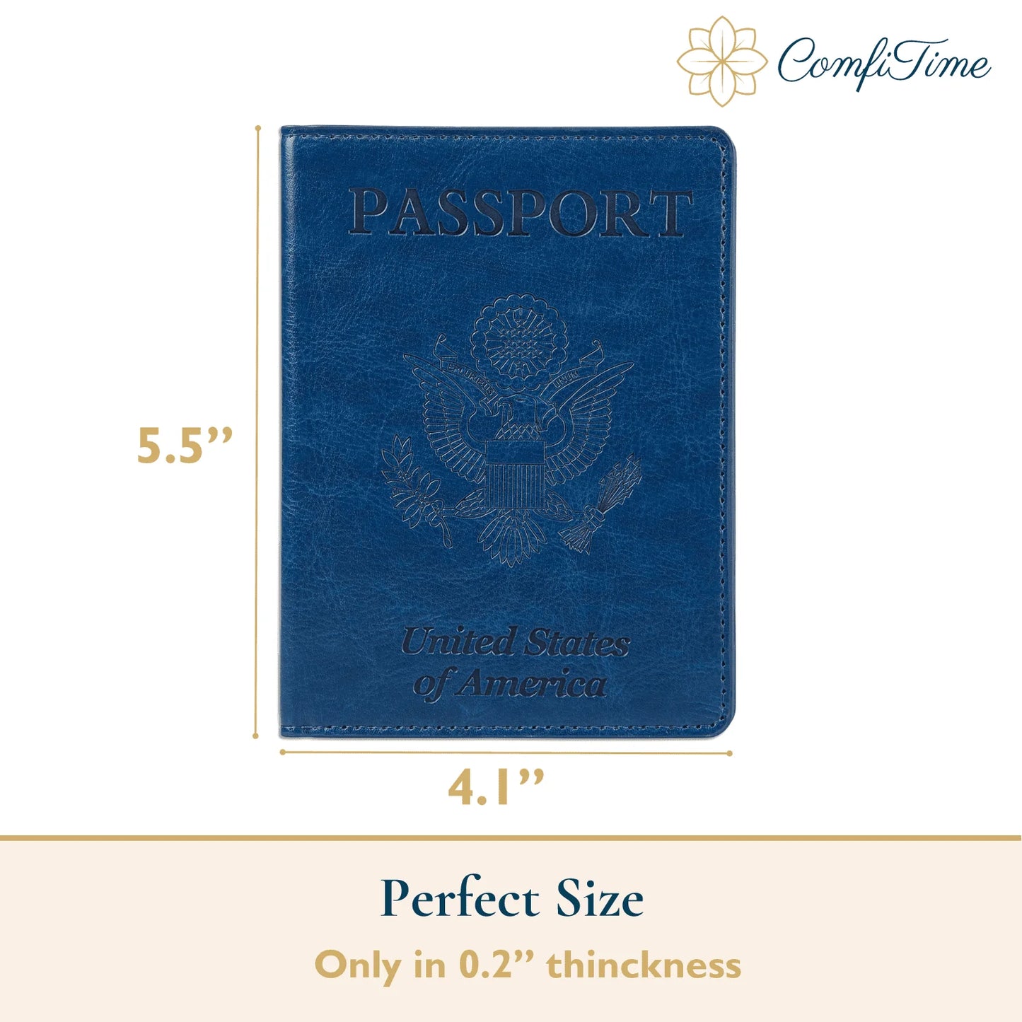 ComfiTime Passport Holder Slim Passport Wallet with Vaccine Card Holder and Credit Card Slots, 2 Bonus Travel Luggage Tags, Waterproof PU Leather Passport Cover/Case, Navy Blue
