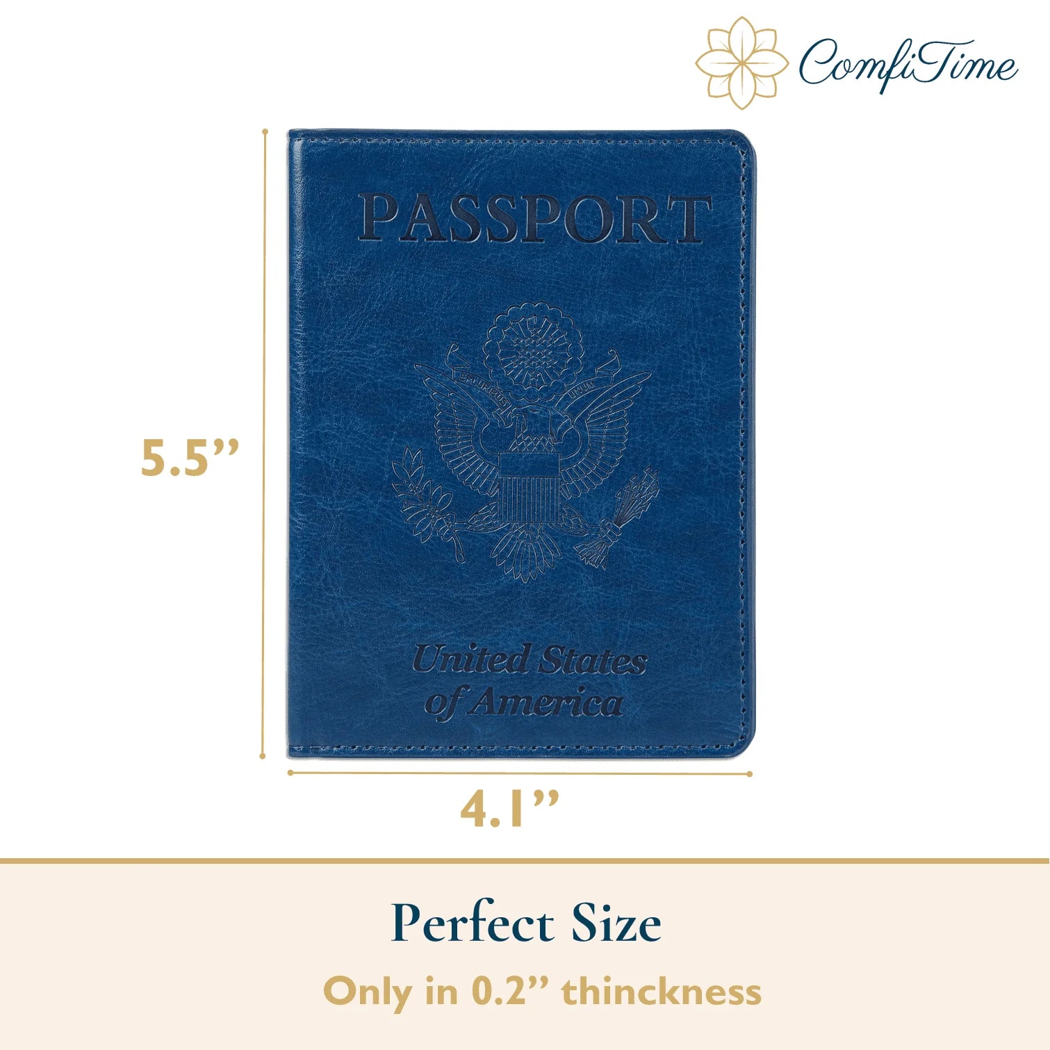 ComfiTime Passport Holder Slim Passport Wallet with Vaccine Card Holder and Credit Card Slots, 2 Bonus Travel Luggage Tags, Waterproof PU Leather Passport Cover/Case, Navy Blue