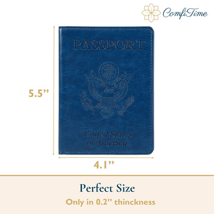 ComfiTime Passport Holder Slim Passport Wallet with Vaccine Card Holder and Credit Card Slots, 2 Bonus Travel Luggage Tags, Waterproof PU Leather Passport Cover/Case, Navy Blue