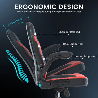 JONPONY Ergonomic Gaming Desk Chair - Adjustable PU Leather Swivel Racing Chair with Flip-up Armrests for Home Office and Entertainment, Perfect for Adults, Kids, and Gamers, Black Red