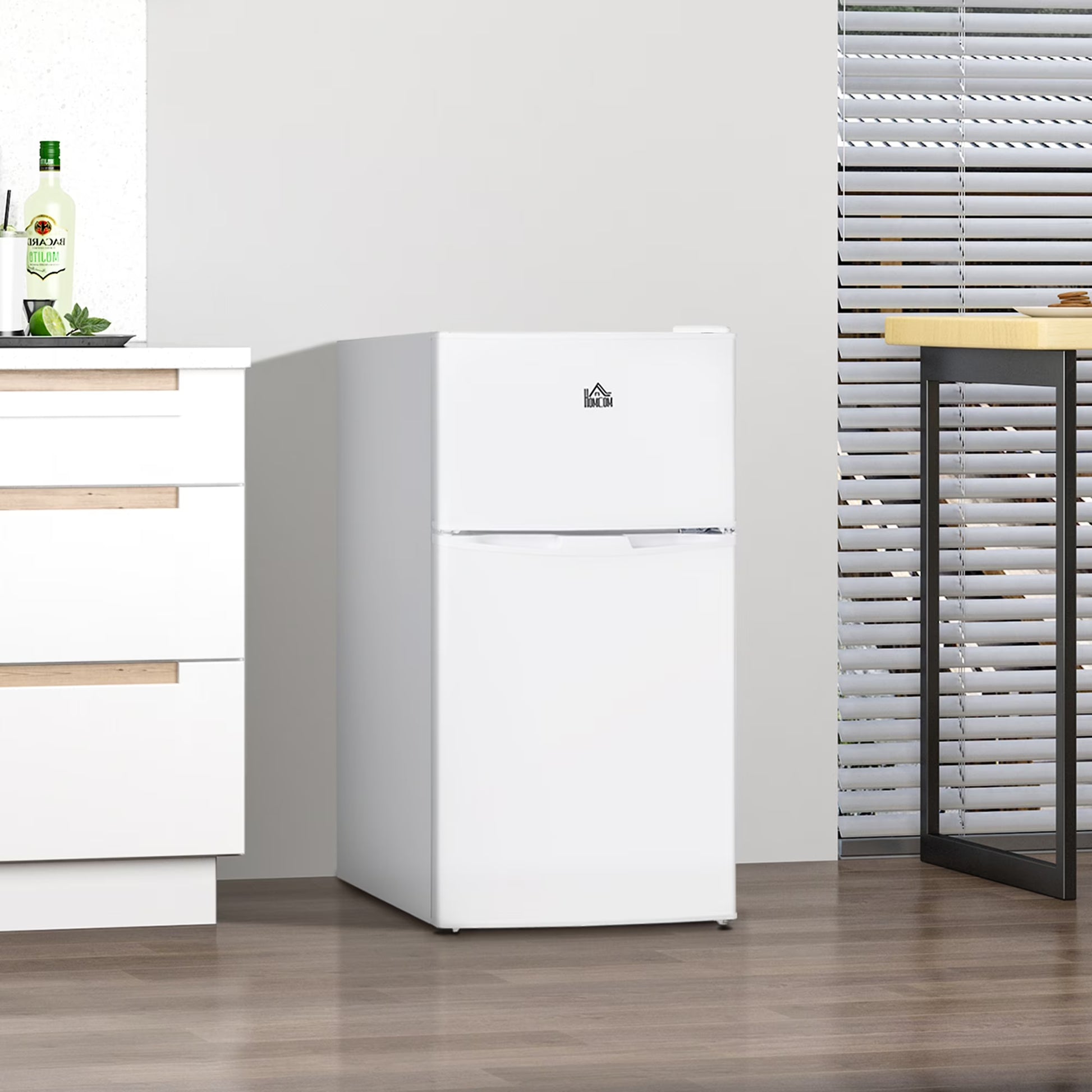 Harper & Bright Designs Double Door Mini Fridge with Freezer, 3.2 Cu.Ft Compact Refrigerator with Adjustable Shelf, Adjustable Thermostat and Reversible Door for Bedroom, Dorm, Home Office, White