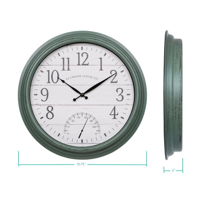 La Crosse Clock 15.75-inch Indoor/Outdoor Green Sagebrook Quartz Analog Clock with Temp, 404-3840SG