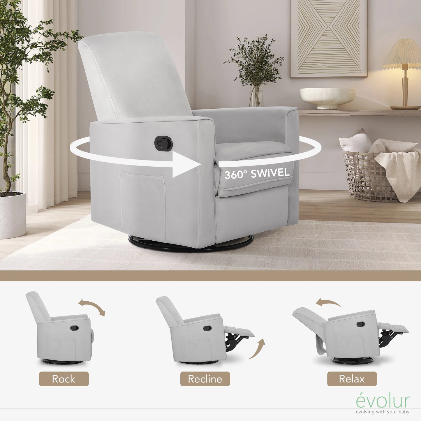 Evolur Raleigh Nursery Glider Recliner and Rocking Chair in Gray, 360° Swivel Motion, Multiple Recline Positions, Easy to Clean, FSC and Greenguard Gold Certified