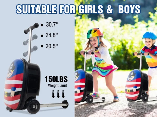 Kids Luggage Scooter, 3-Level Height Adjustable, Pirate Theme Foldable Carry-On Suitcase, Lightweight Ride-On Scooter