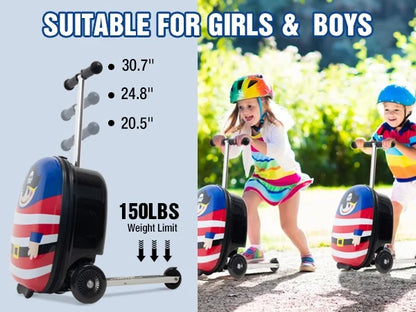 Kids Luggage Scooter, 3-Level Height Adjustable, Pirate Theme Foldable Carry-On Suitcase, Lightweight Ride-On Scooter