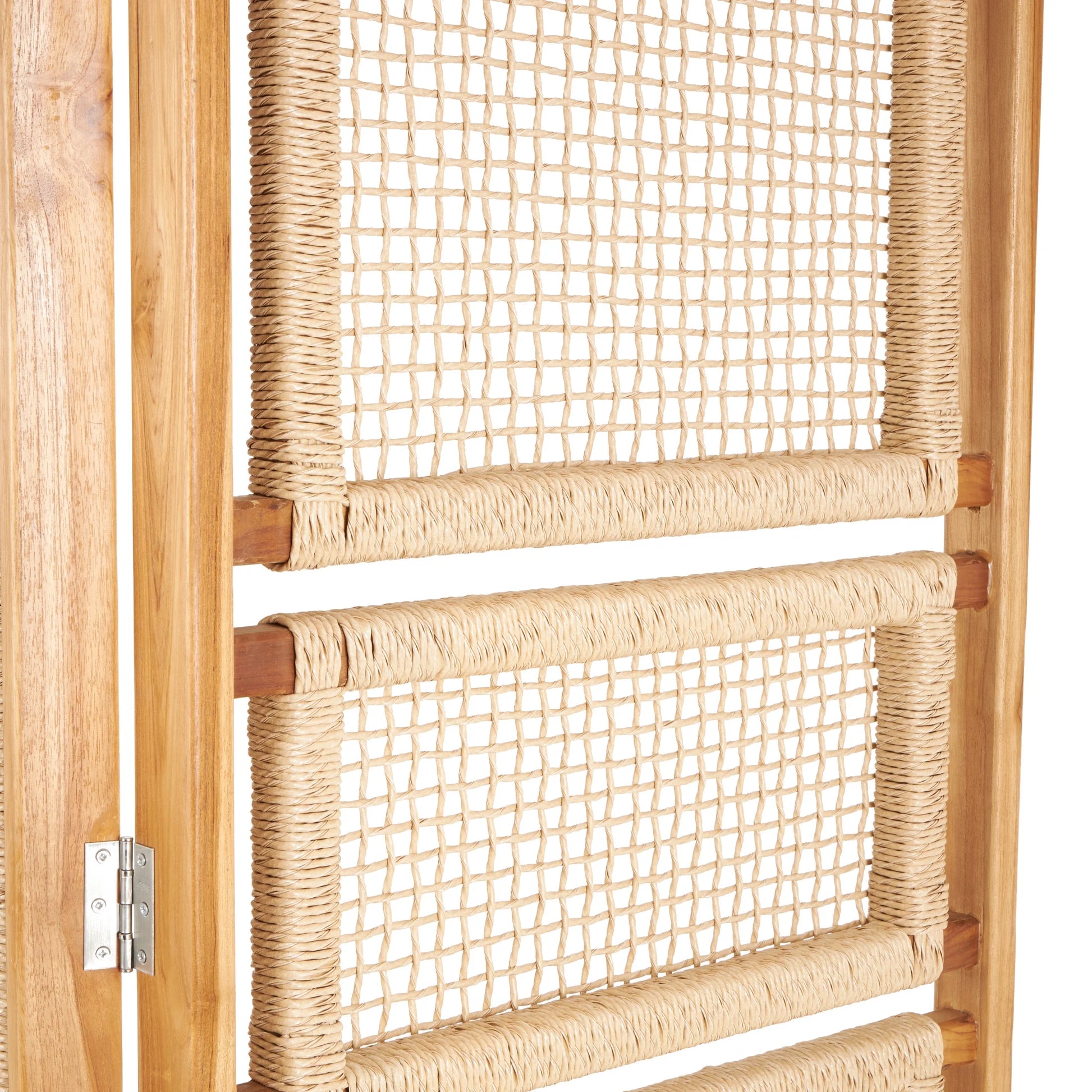 DecMode 79" x 70" Brown Teak Wood Handmade Foldable Partition 4 Panel Room Divider Screen with Woven Rattan Panels, 1-Piece