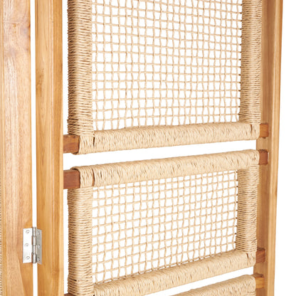 DecMode 79" x 70" Brown Teak Wood Handmade Foldable Partition 4 Panel Room Divider Screen with Woven Rattan Panels, 1-Piece
