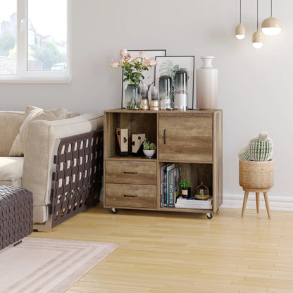 Homfa Lateral File Cabinet, Storage Printer Stand with 2 Drawers, Wood Mobile Filing Cabinet for A4 Paper Letters Home Office Furniture, Rustic Brown