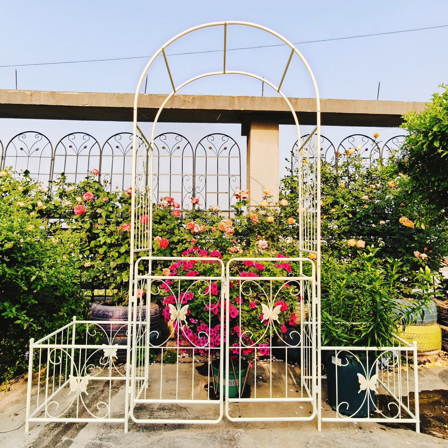 Garden Arch Metal Garden Arch with Gate 79.5'' Wide x 86.6'' High Climbing Plants Support Rose Arch Outdoor Cream White,Garden Trellis