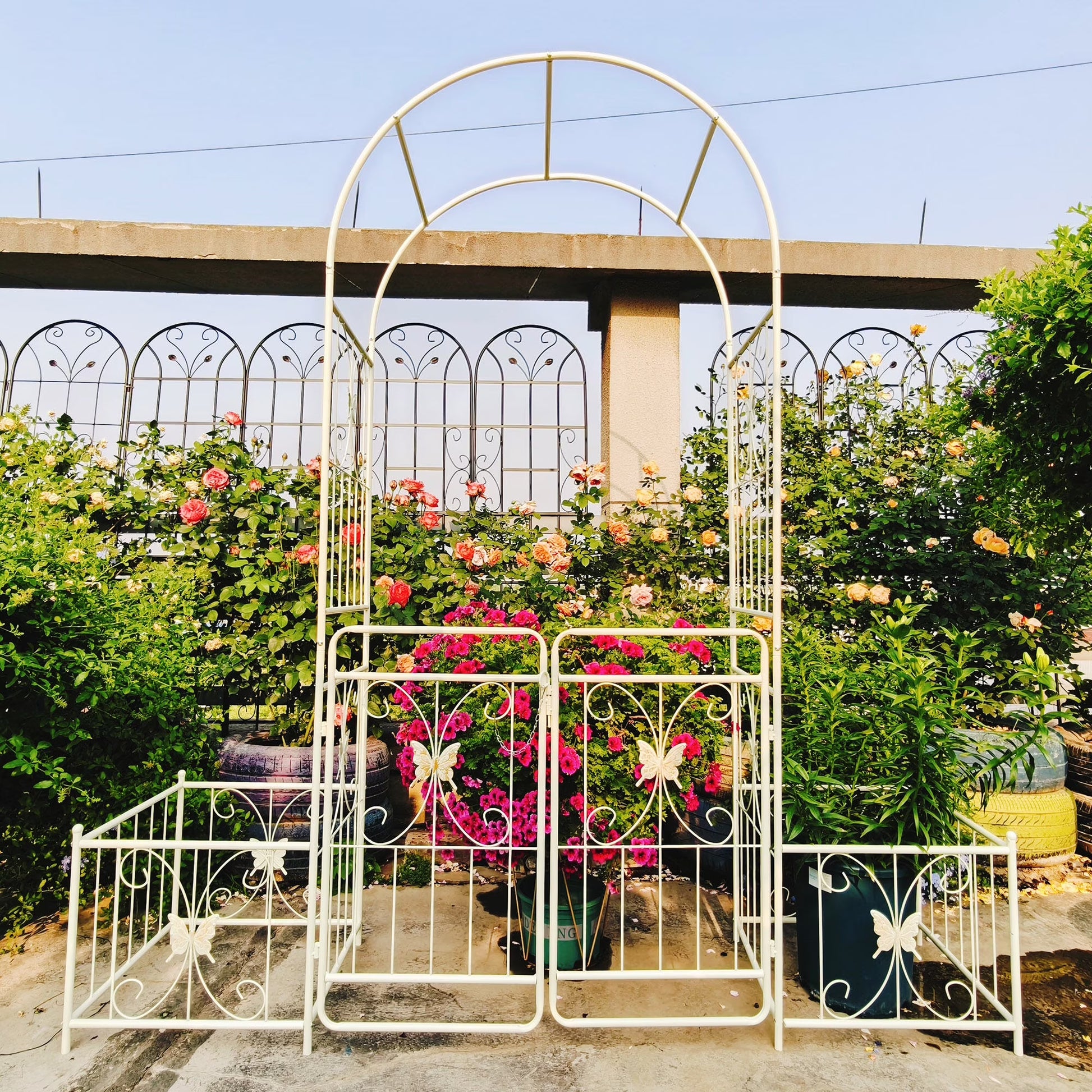 Garden Arch Metal Garden Arch with Gate 79.5'' Wide x 86.6'' High Climbing Plants Support Rose Arch Outdoor Cream White,Garden Trellis