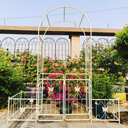 Garden Arch Metal Garden Arch with Gate 79.5'' Wide x 86.6'' High Climbing Plants Support Rose Arch Outdoor Cream White,Garden Trellis