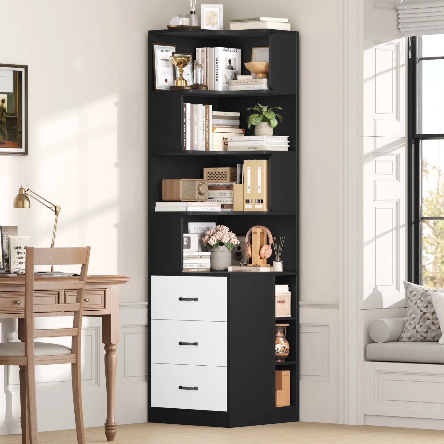 Hiphuta 77"Tall L-Shaped Corner Bookshelf with Drawers and Side Storage, Modern Wood Bookcase with 4-Tier Display Shelves Storage Cabinet for Living Room Home Office , Black