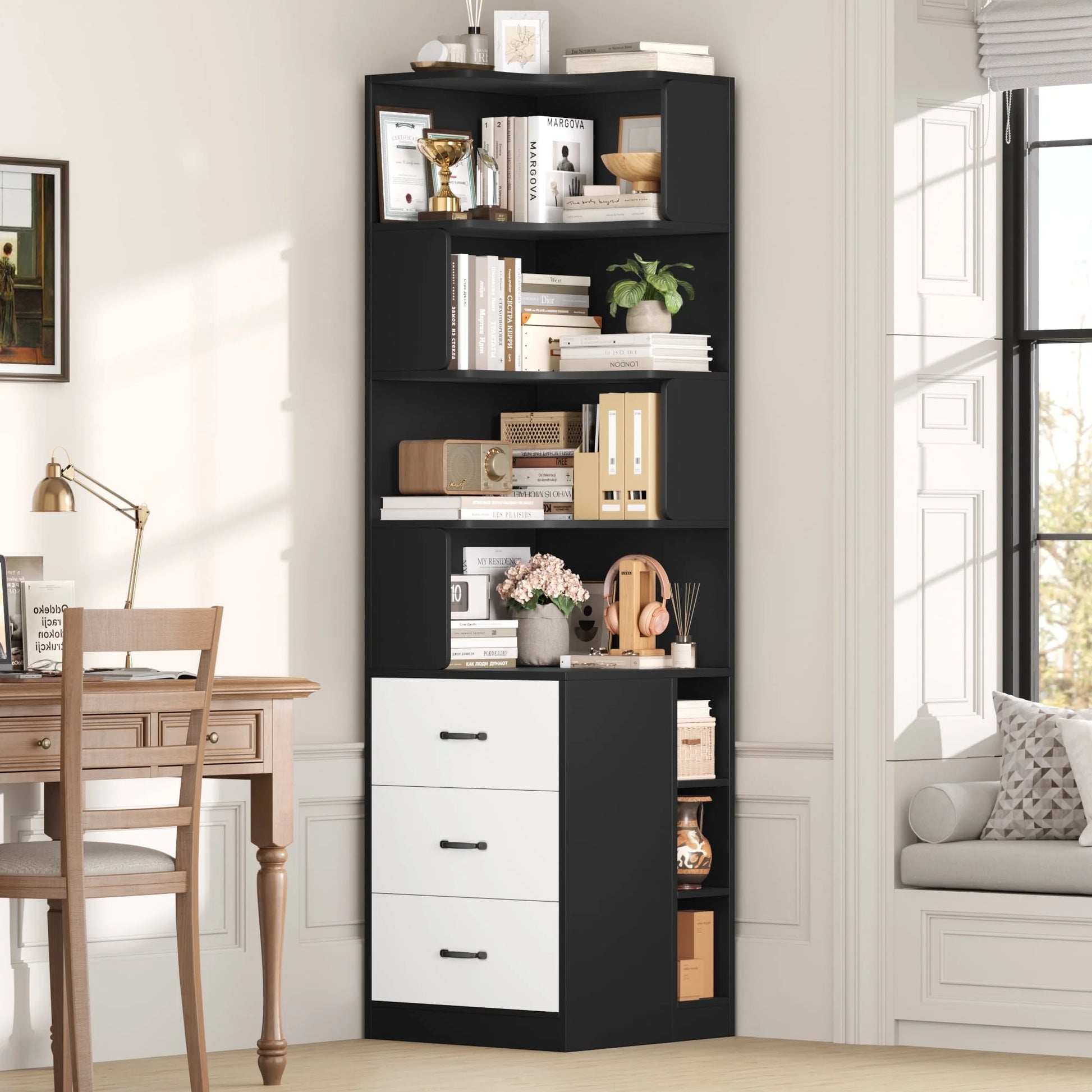 Hiphuta 77"Tall L-Shaped Corner Bookshelf with Drawers and Side Storage, Modern Wood Bookcase with 4-Tier Display Shelves Storage Cabinet for Living Room Home Office , Black
