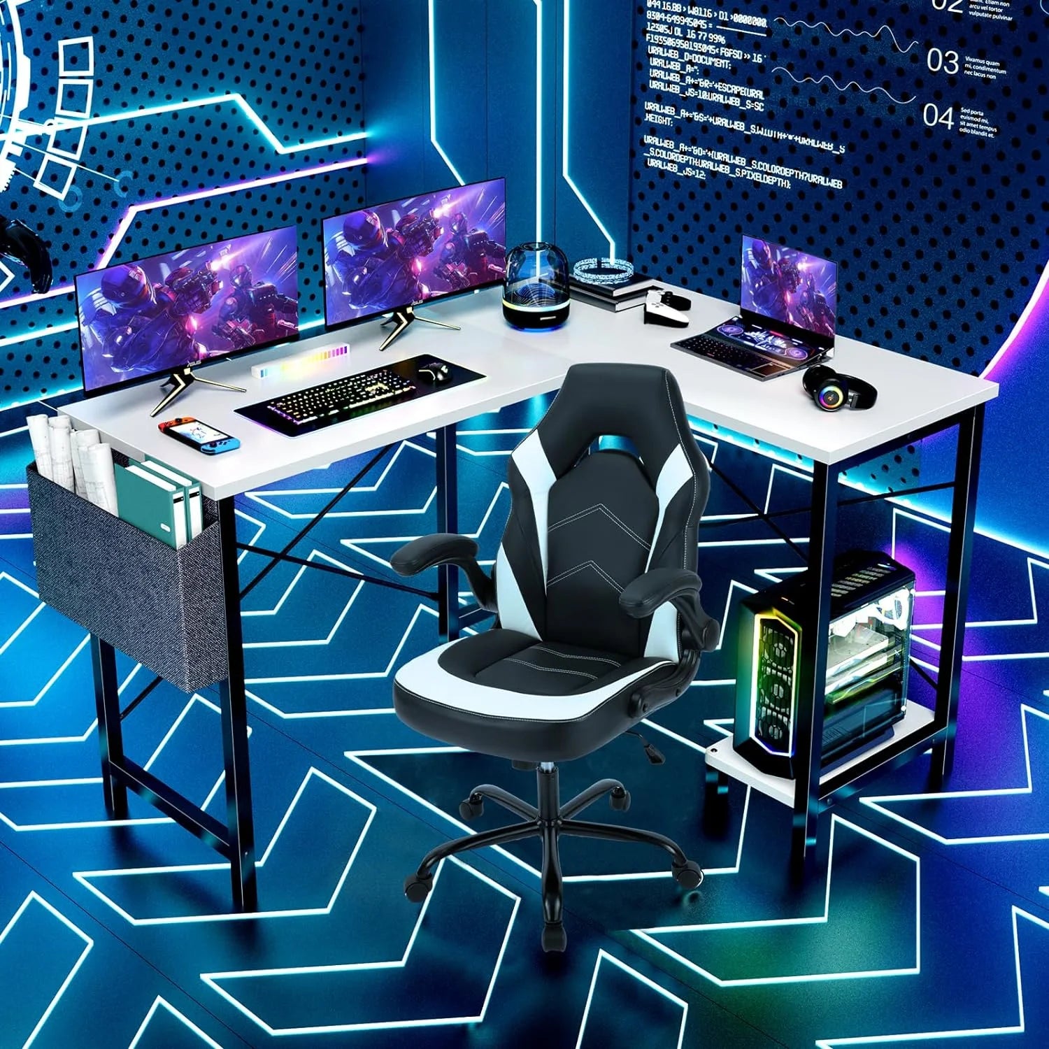 L Shaped Computer Desk - Gaming Corner 50 Inch PC White Writing Study Student Table with Wooden Desktop CPU Stand Side Bag Reversible for Home Office Room Small Space, White