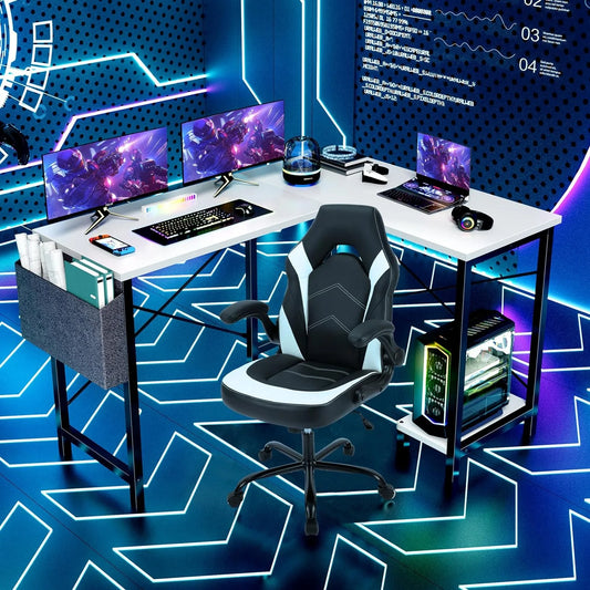 L Shaped Computer Desk - Gaming Corner 50 Inch PC White Writing Study Student Table with Wooden Desktop CPU Stand Side Bag Reversible for Home Office Room Small Space, White