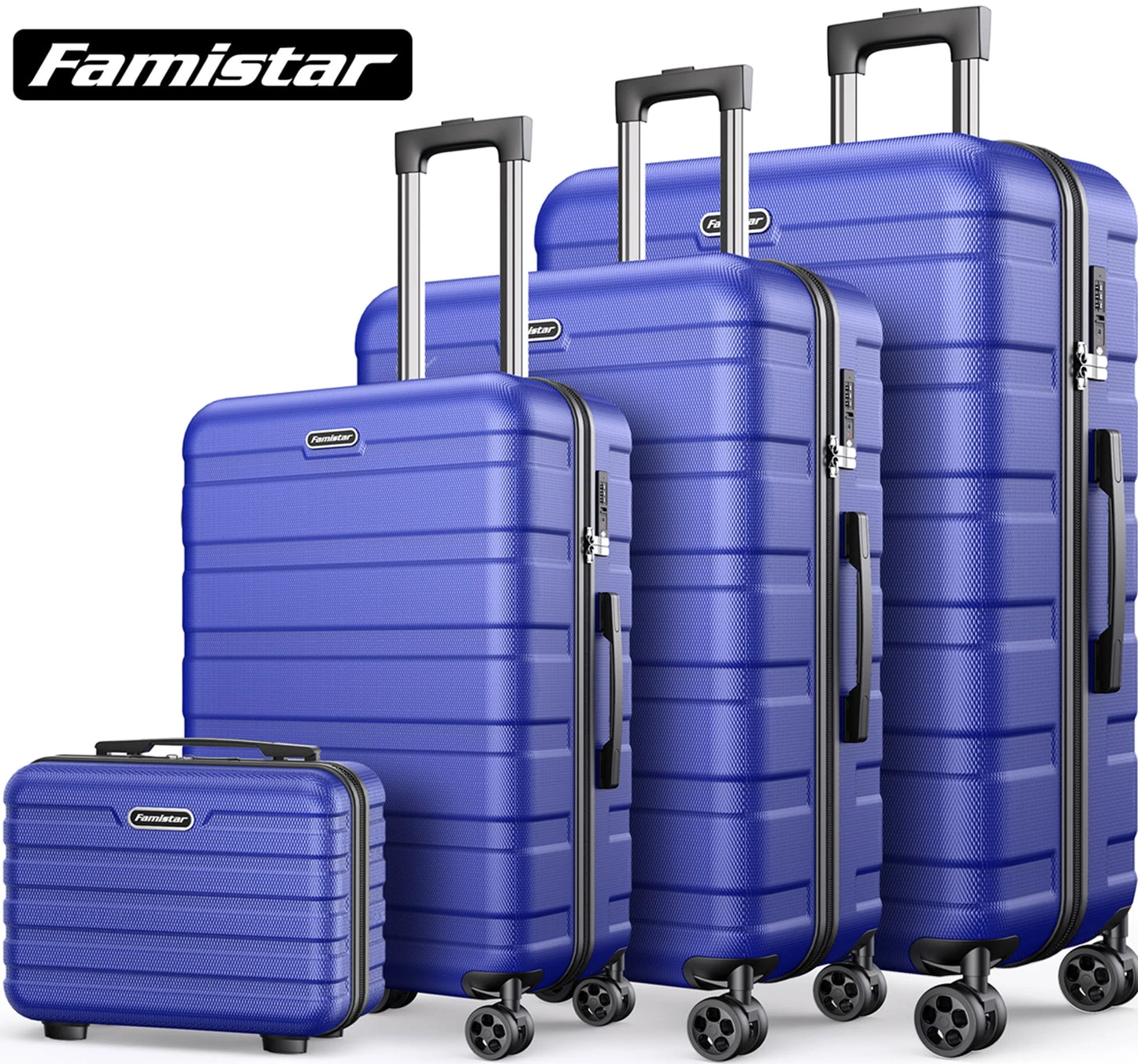 Famistar Carry On Luggage Suitcase Set 4 Piece - ABS Hardshell Luggage with Embedded TSA Lock, 360 ° Double Spinner Wheels - 14” Travel Case, 20” Carry On Luggage, 24” and 28” Checked Luggages, Blue