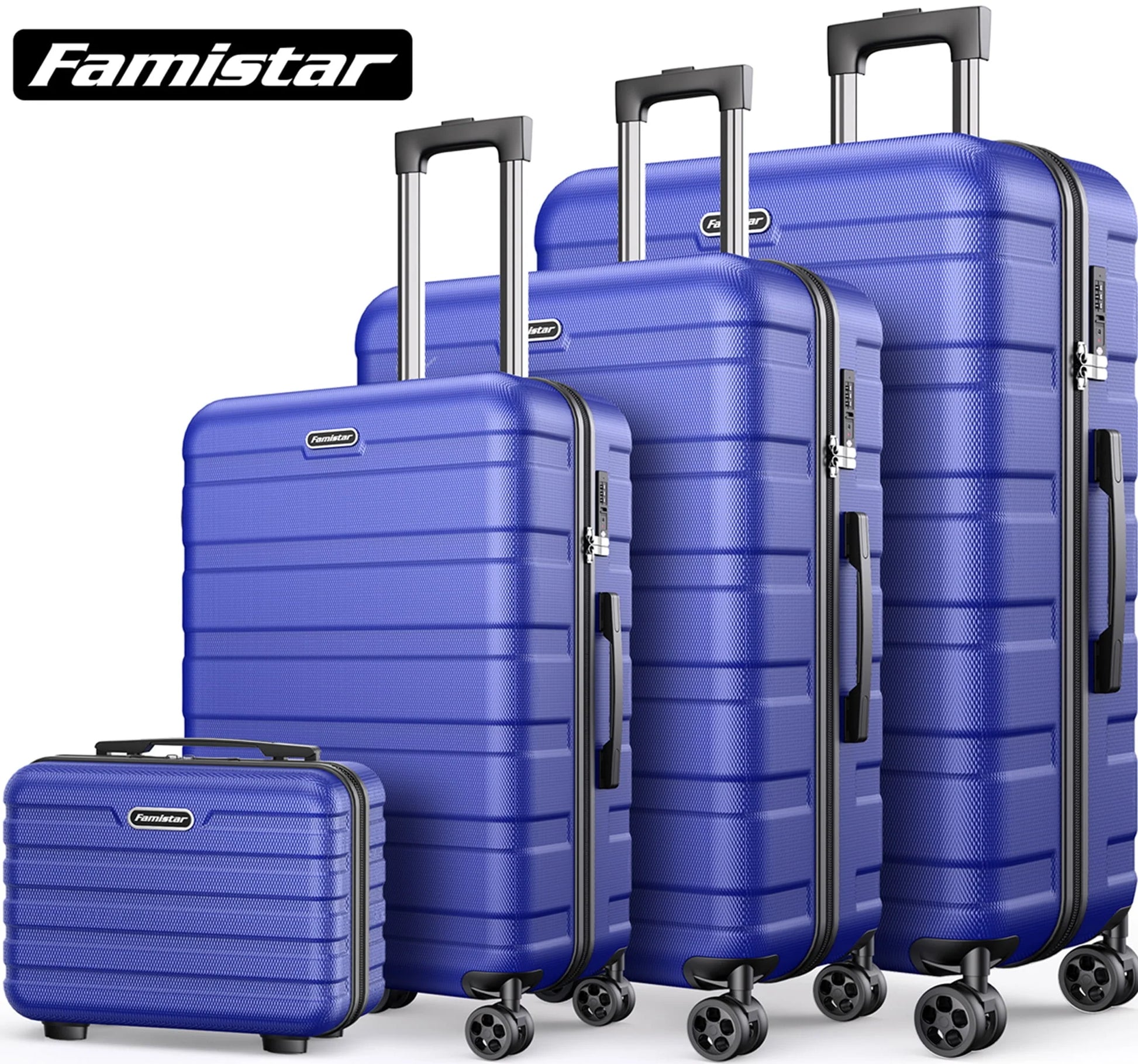 Famistar Carry On Luggage Suitcase Set 4 Piece - ABS Hardshell Luggage with Embedded TSA Lock, 360 ° Double Spinner Wheels - 14” Travel Case, 20” Carry On Luggage, 24” and 28” Checked Luggages, Blue