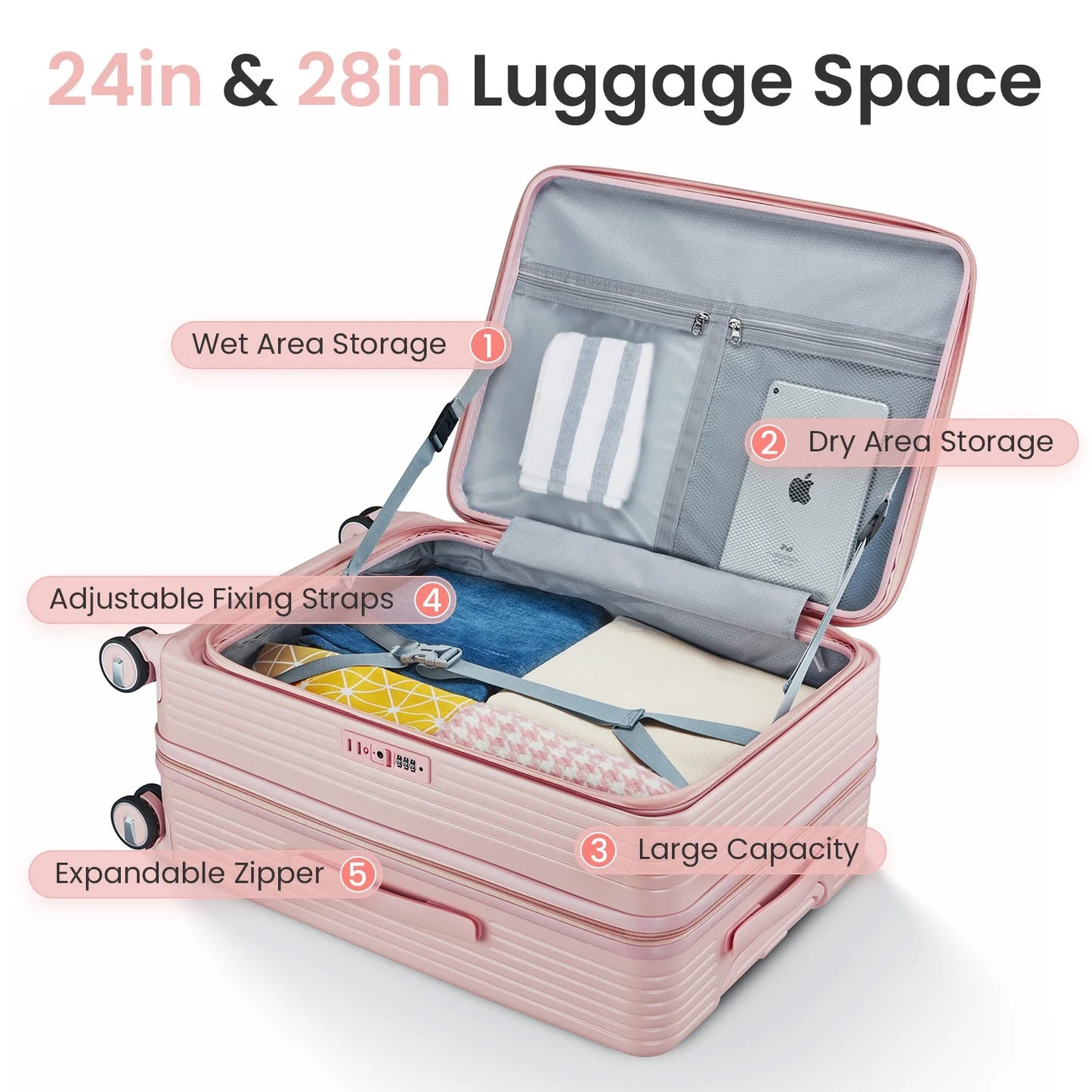 3 Piece Luggage Set Lightweight Suitcase with TSA Lock, PC Hard Shell Travel Luggage with Front Pocket and Spinner Wheels, Pink (20in24in28in)
