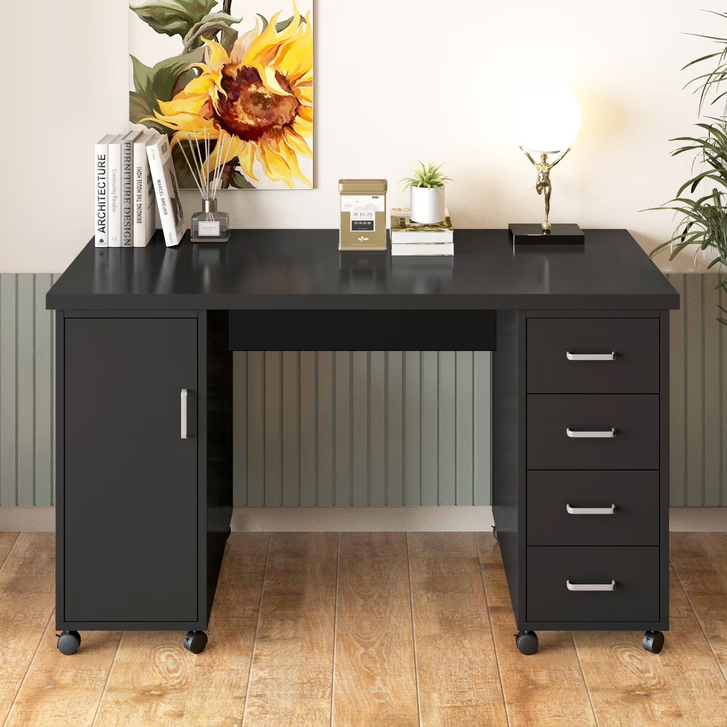 Sesslife White Computer Desk, Writing Desk with Lockable WheelsModern Wood Study Desk with 4 Drawers for Home Office Workstation