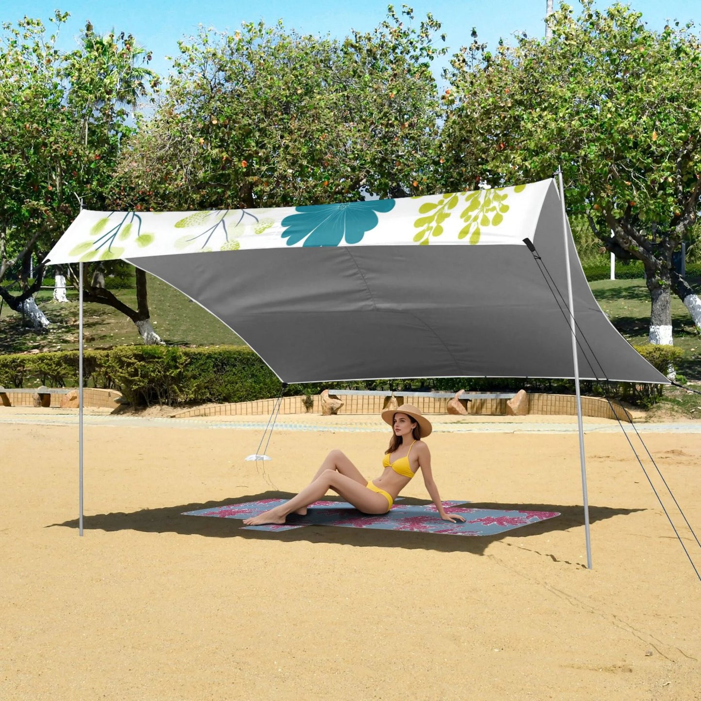 Beach Tent Beach Canopy 9.2x10.5Ft Beach Tent Sun Shelter Outdoor Canopy with Carry Bag for Camping, Backyard and Picnics Blue-green Plants