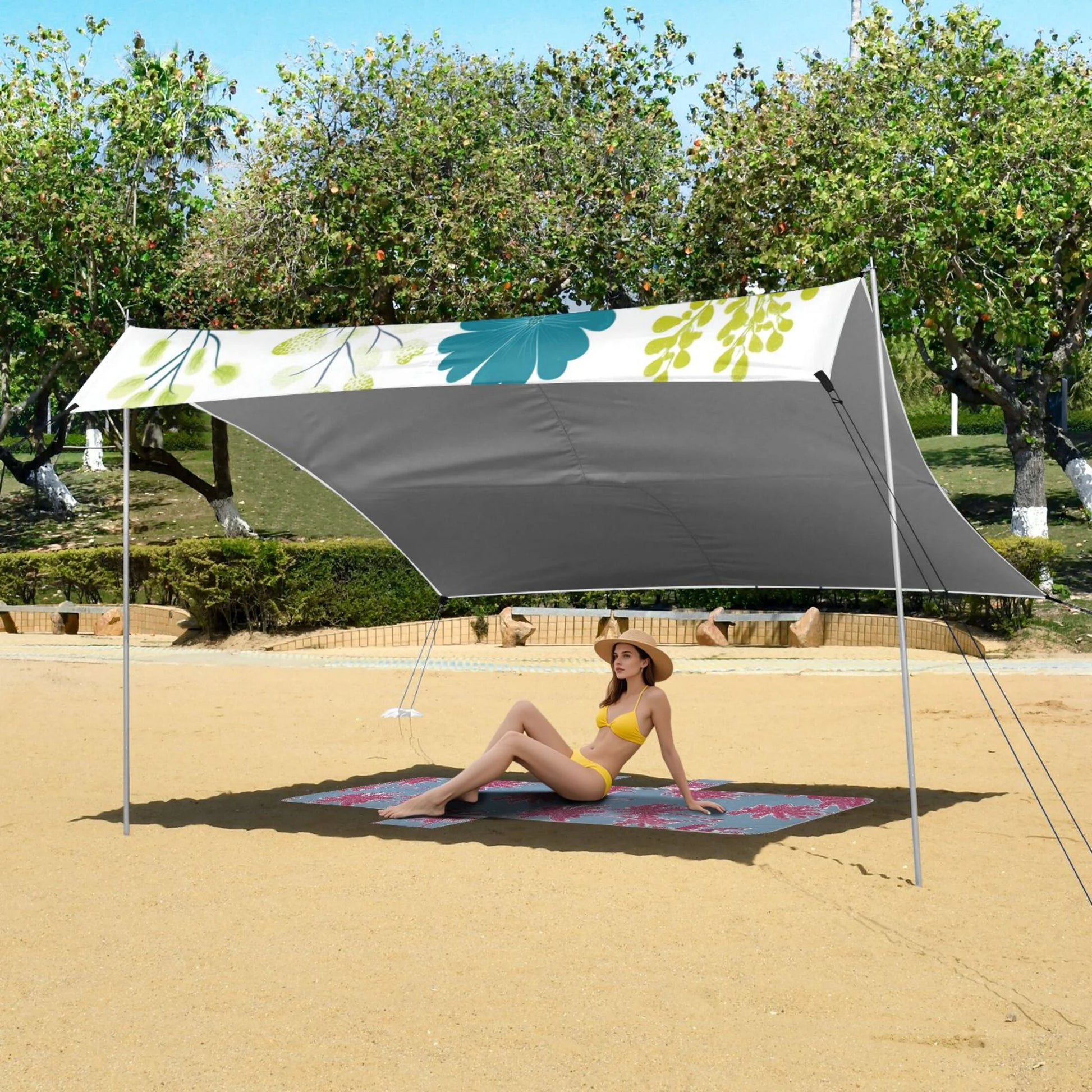 Beach Tent Beach Canopy 9.2x10.5Ft Beach Tent Sun Shelter Outdoor Canopy with Carry Bag for Camping, Backyard and Picnics Blue-green Plants