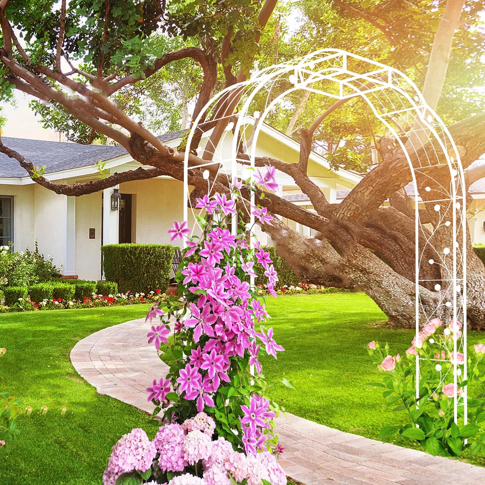 74"x98" Metal Garden Arch Arbor Trellis for Climbing Plants Roses Outdoor Décor White