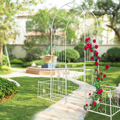 Garden Arch Metal Garden Arch with Gate 79.5'' Wide x 86.6'' High Climbing Plants Support Rose Arch Outdoor Cream White,Garden Trellis