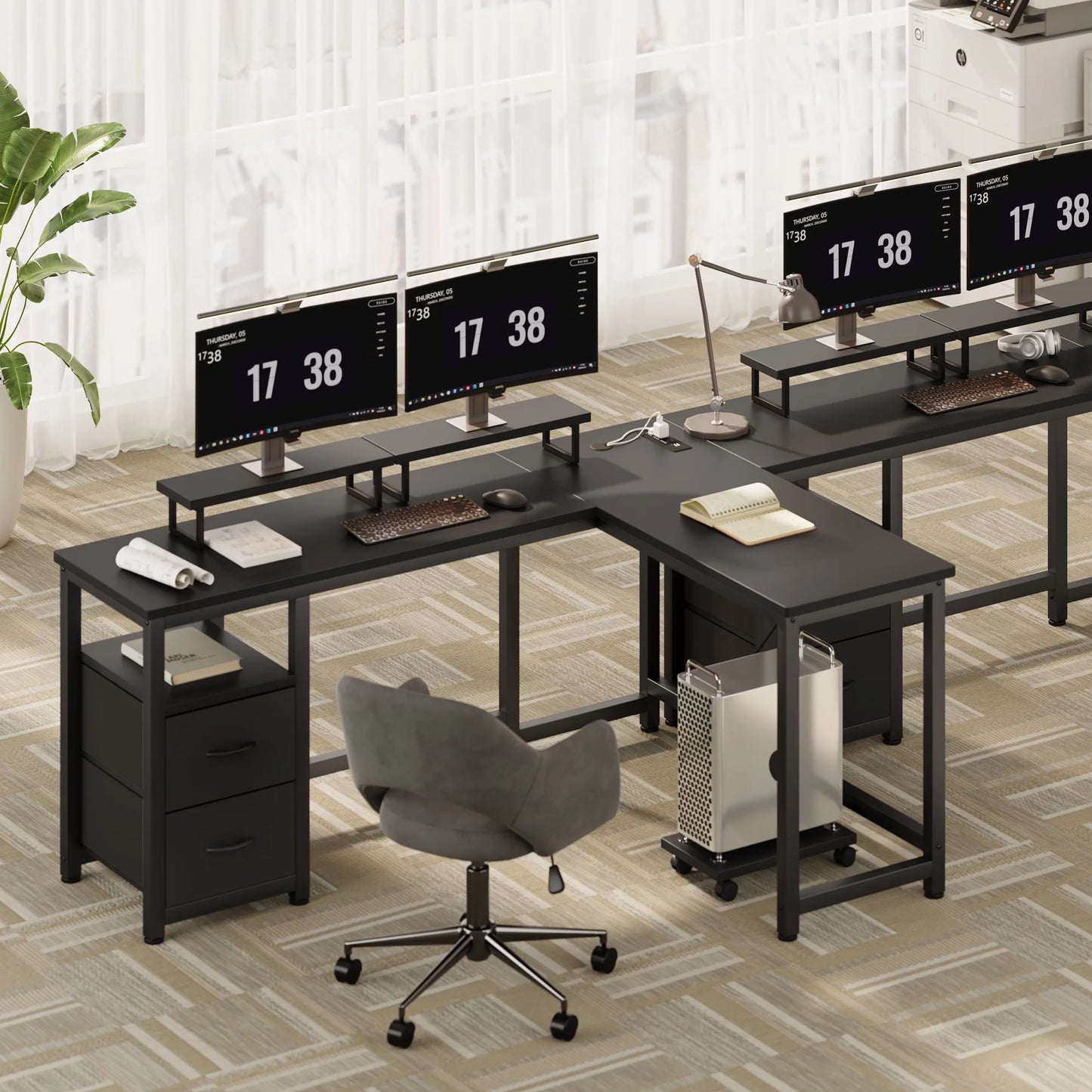 66" L Shaped Computer Desk with Power Outlets, Gaming Desk with Shelf and Drawers for Home Office, Black