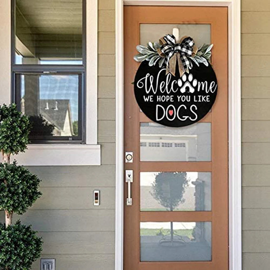Front Door Welcome Sign, Round Wood Door Room Decor, Door Decor, Spring Wreath, Door Decor, Spring Wreath, Farm Porch Hanging Sign, Green, For Those Family With Pets, 11.8 Inch