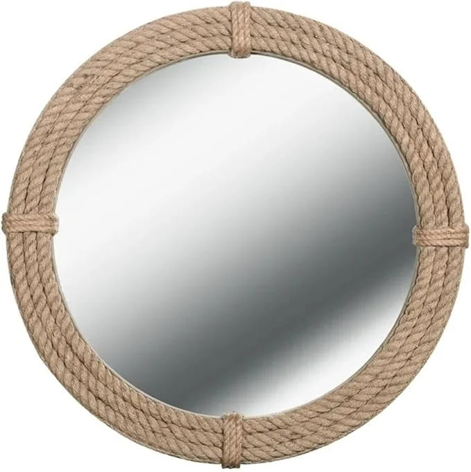 Round Jute Wall Mirror Decorative Wall Mounted Nautical Themed Rustic Rope Mirror with Hanging Loop, Handcrafted Vintage Nautical Design, Brown (18 Inch)