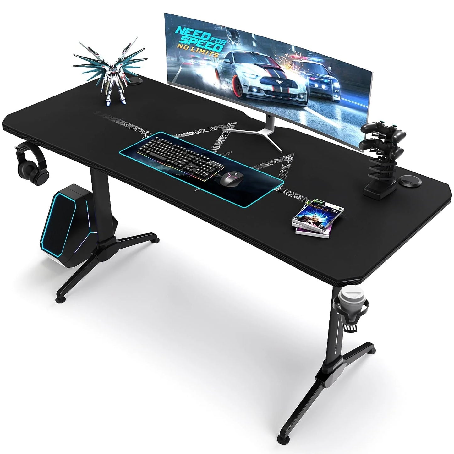Homall 55 Inch Gaming Desk Y-Shaped PC Computer Gaming Office Desk with Mouse Pad Home Office Study Carbon Fiber Surface Gamer Workstation With Cup Holder and Headphone Hook, Black