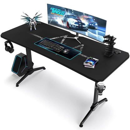 Homall 55 Inch Gaming Desk Y-Shaped PC Computer Gaming Office Desk with Mouse Pad Home Office Study Carbon Fiber Surface Gamer Workstation With Cup Holder and Headphone Hook, Black
