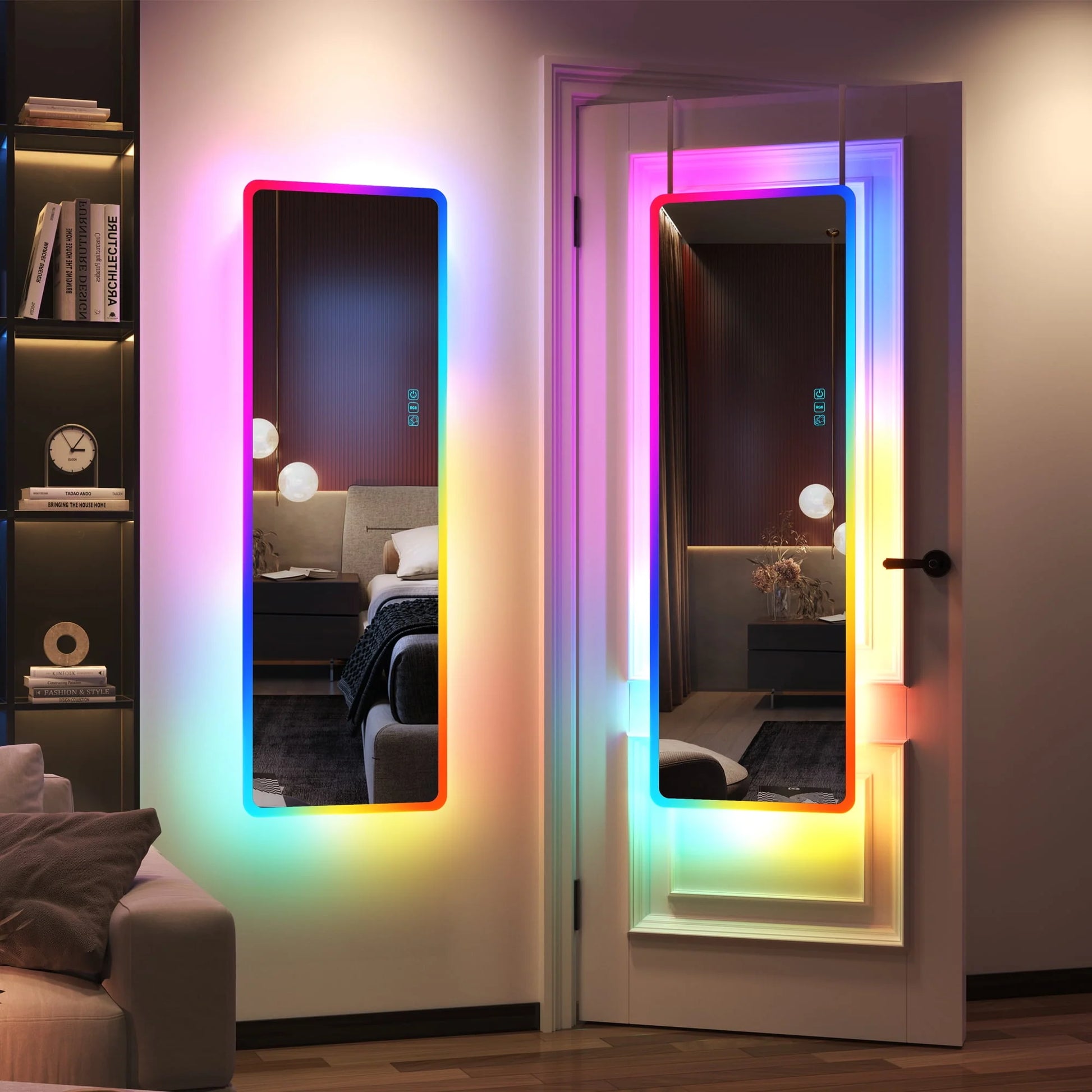 LVSOMT 47"x16" Full Length Mirror with Lights, RGB Color Changing Lighted Mirror, Wall Mounted Full Body Mirror, Over The Door Hanging Mirror, 14 LED Light + Dimmable Brightness + Adjustable Speed