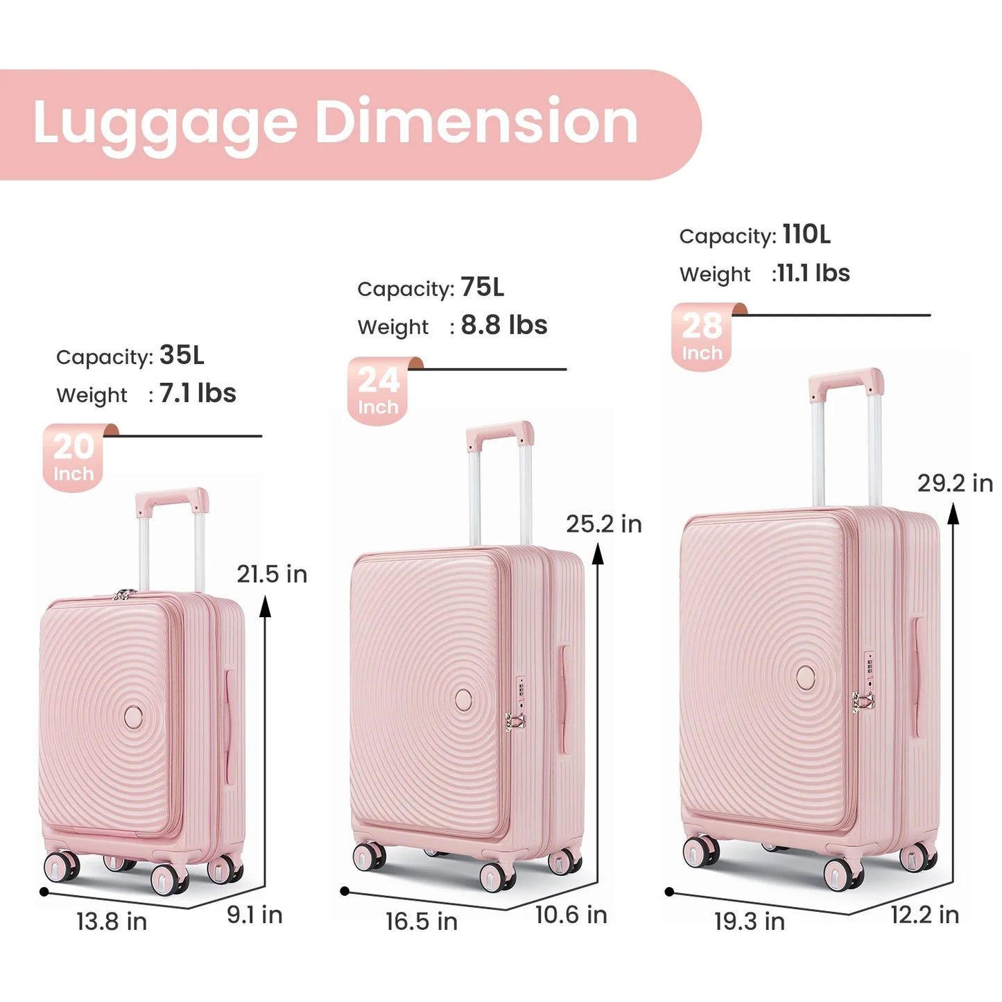 3 Piece Luggage Set Lightweight Suitcase with TSA Lock, PC Hard Shell Travel Luggage with Front Pocket and Spinner Wheels, Pink (20in24in28in)