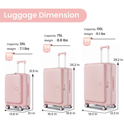 3 Piece Luggage Set Lightweight Suitcase with TSA Lock, PC Hard Shell Travel Luggage with Front Pocket and Spinner Wheels, Pink (20in24in28in)