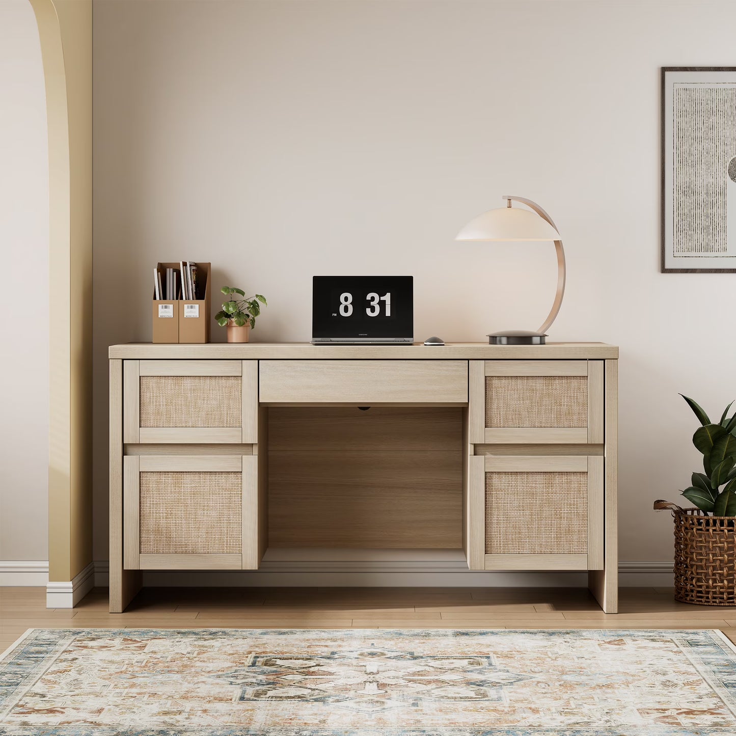 Brafab Home Office Desk with Charging Station, 5-Drawer Executive Desk with Rattan Front, Modern Farmhouse Computer Writing Desk, Built-in USB/Type-C Ports & Outlets
