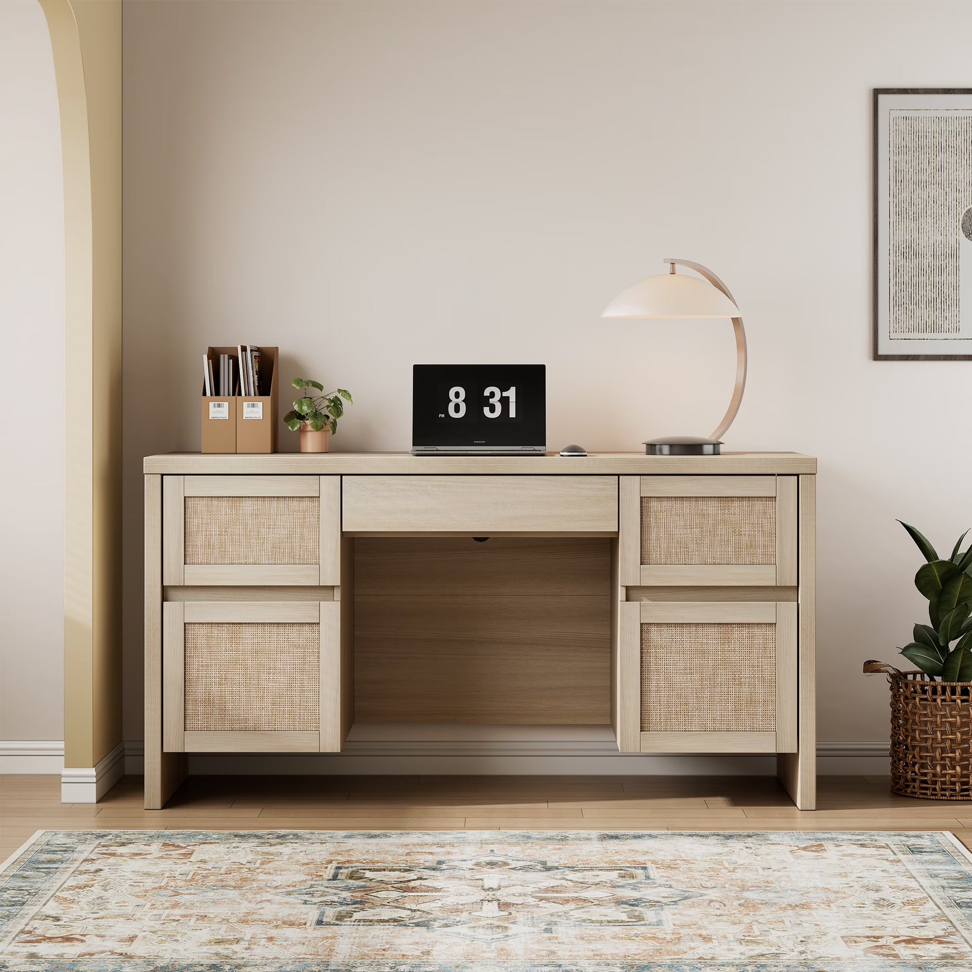 Brafab Home Office Desk with Charging Station, 5-Drawer Executive Desk with Rattan Front, Modern Farmhouse Computer Writing Desk, Built-in USB/Type-C Ports & Outlets