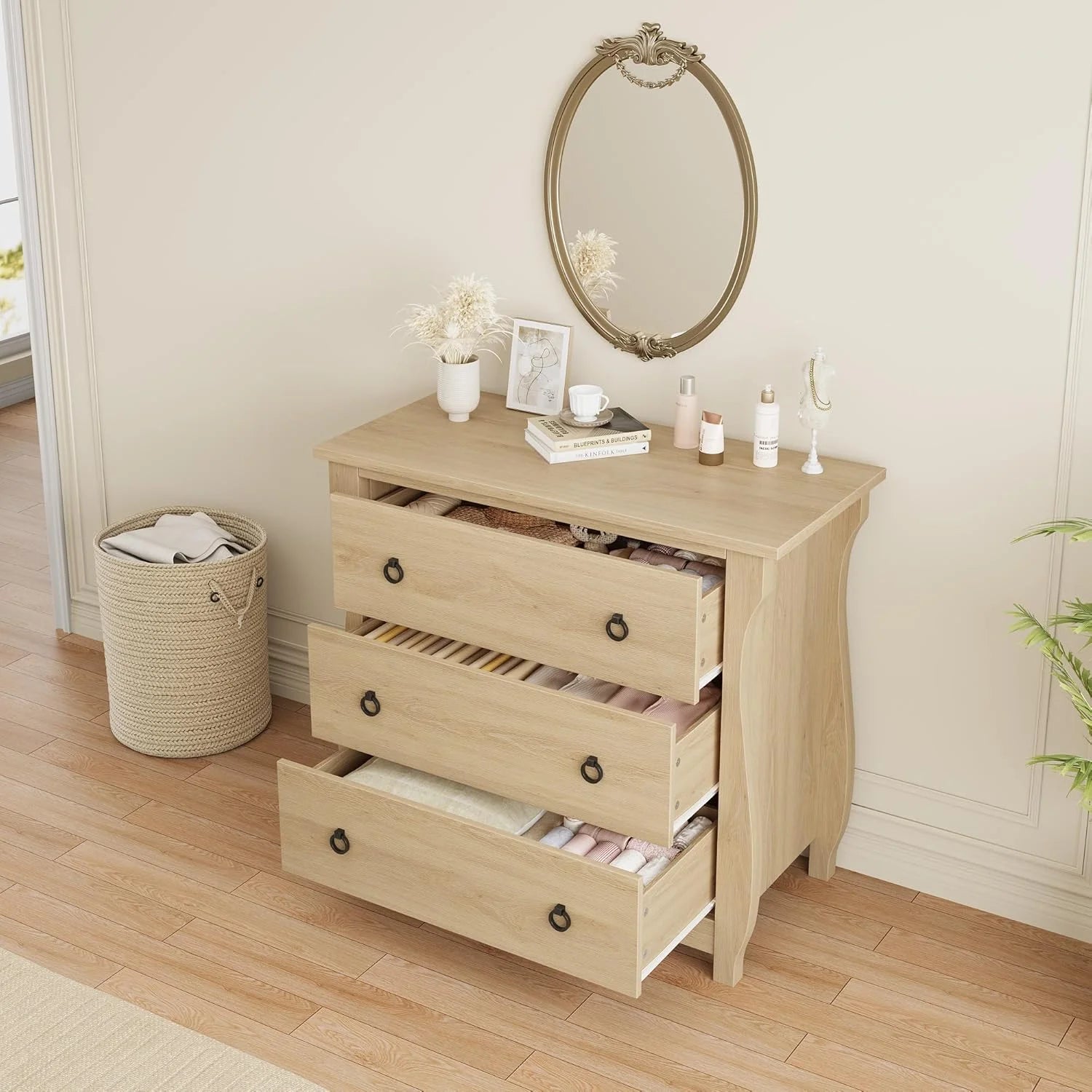 M optimized Wood 3-Drawer Dresser, Boho Dresser with Curved Legs, Rattan Accents, and Freestanding Storage for Living Room, Bedroom, Entryway, or Balcony