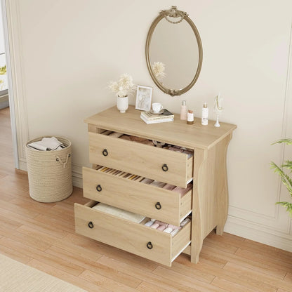 M optimized Wood 3-Drawer Dresser, Boho Dresser with Curved Legs, Rattan Accents, and Freestanding Storage for Living Room, Bedroom, Entryway, or Balcony